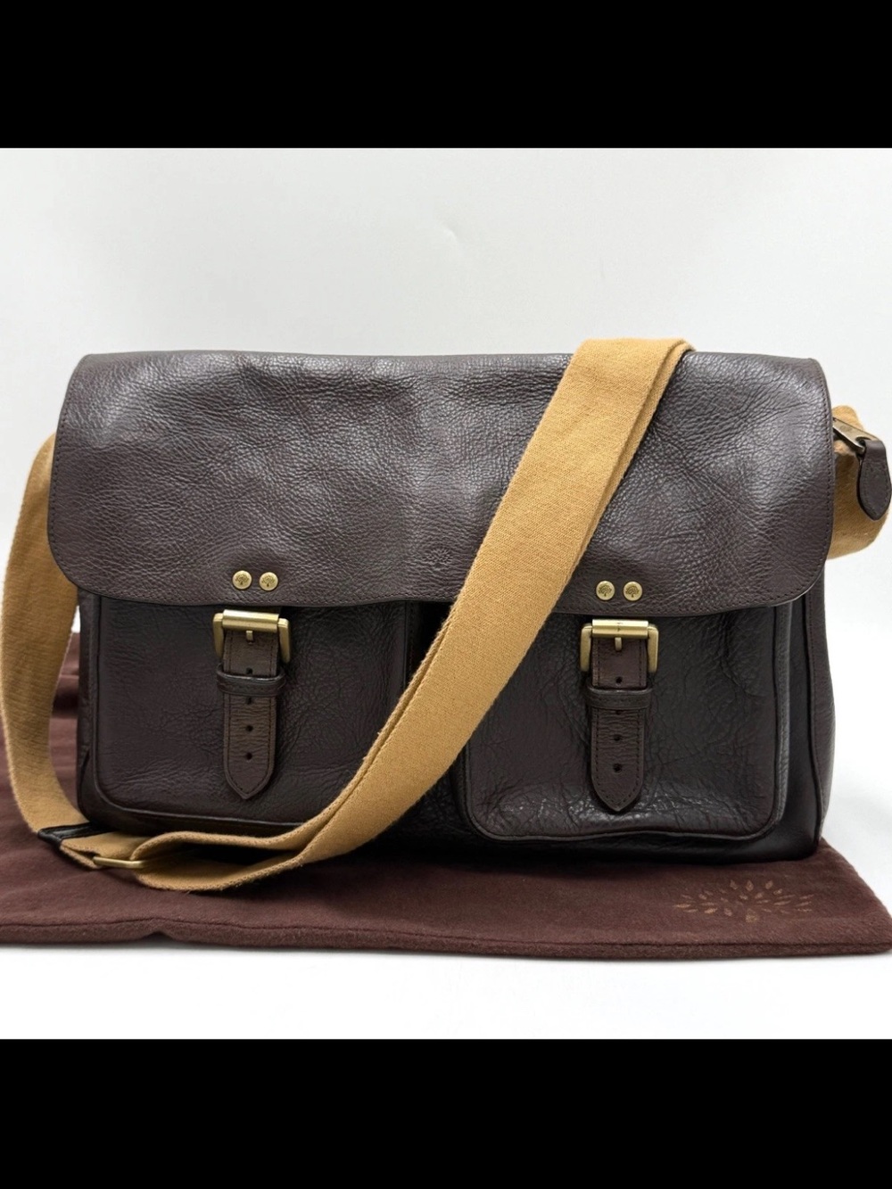 Mulberry Dark Brown Leather Messenger with Tan Canvas Strap